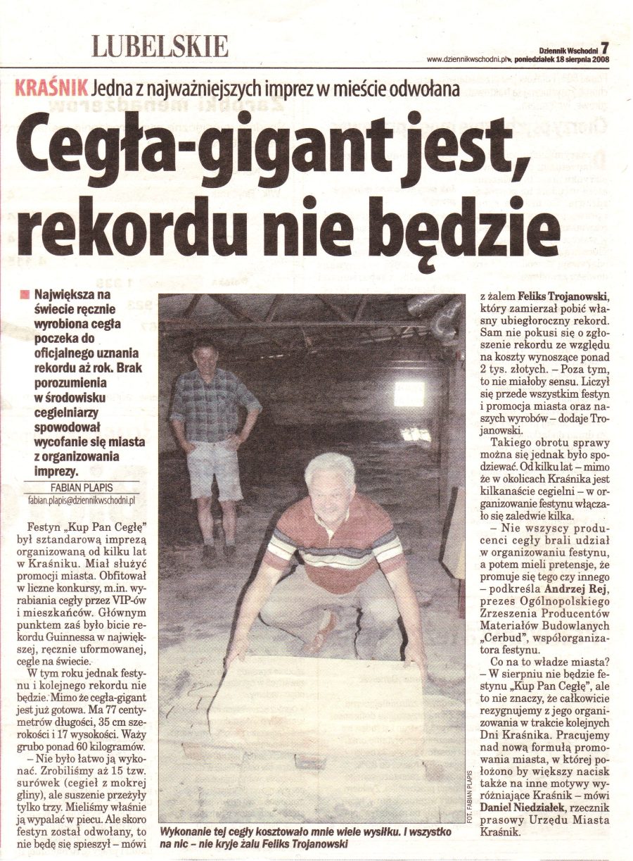 Gazeta dziennik wschodni 2008 największa cegła rekord Guinnessa Cegielnia Trojanowscy