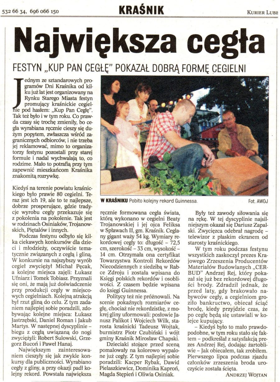 Gazeta Kurier lubelski sierpień 2007 kup pan cegłę festyn największa cegła Cegielnia Trojanowscy