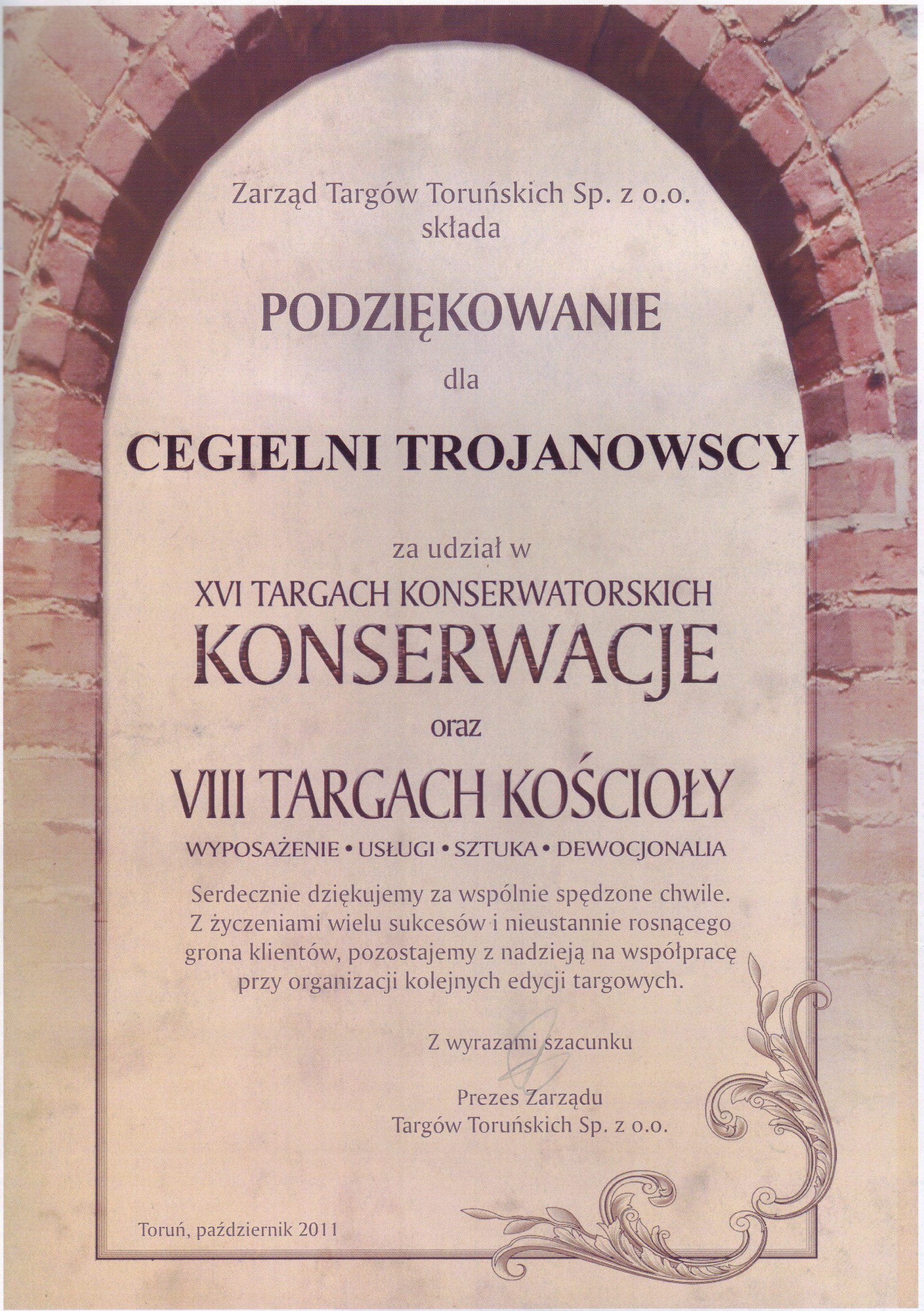 Cegielnia Trojanowscy dyplom targi Toruń Konserwacje i kościoły